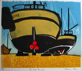 Lino print for sale Beached trawlers